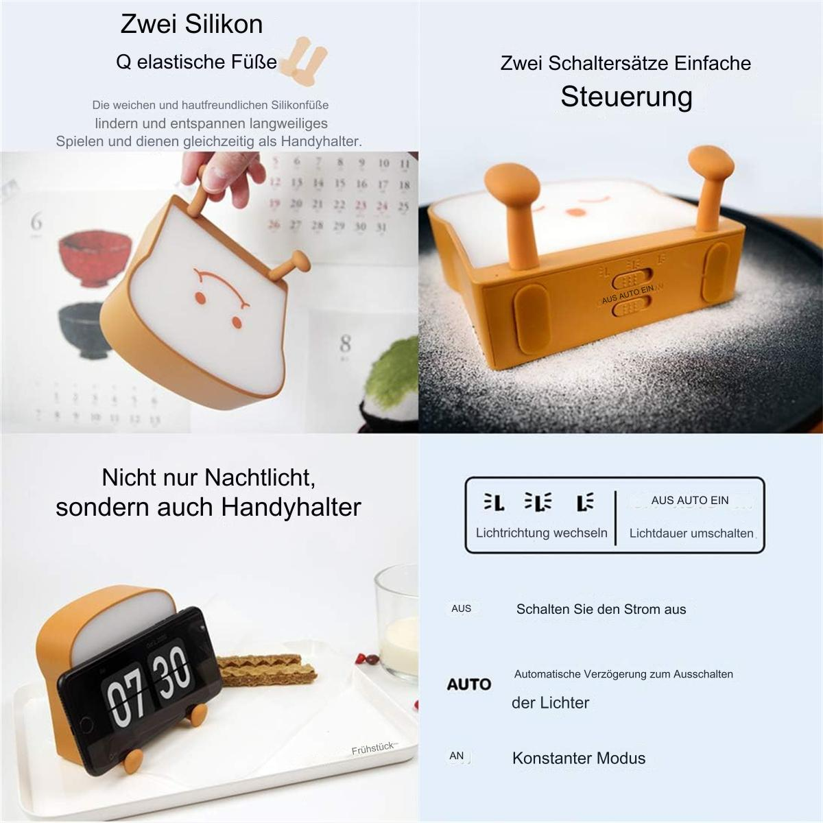 Eine Lampe in Brotform mit Silikonfüßen, eine Digitaluhr und ein Telefonhalter.