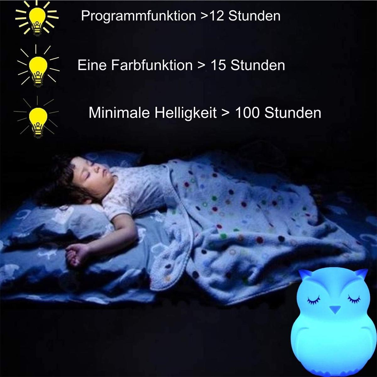 Ein schlafendes Kind unter einer Decke mit einem eulenformigen Nachtlicht. Text sichtbar.