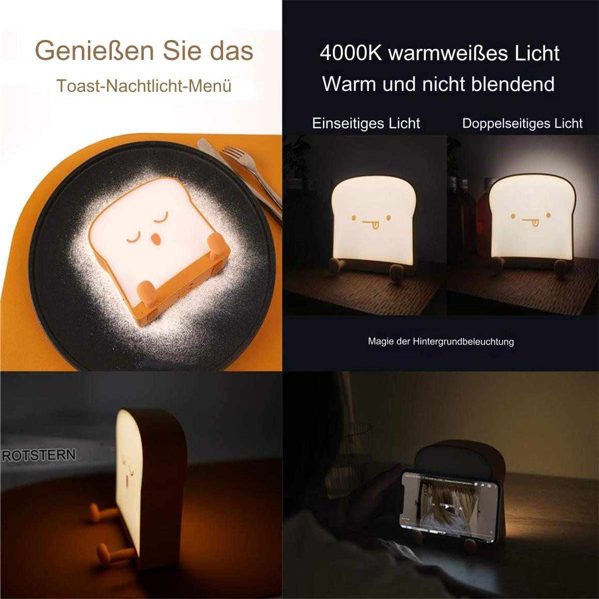 Toastförmige Lampe mit verschiedenen Beleuchtungsoptionen und einem Telefon, das ein Video anzeigt.