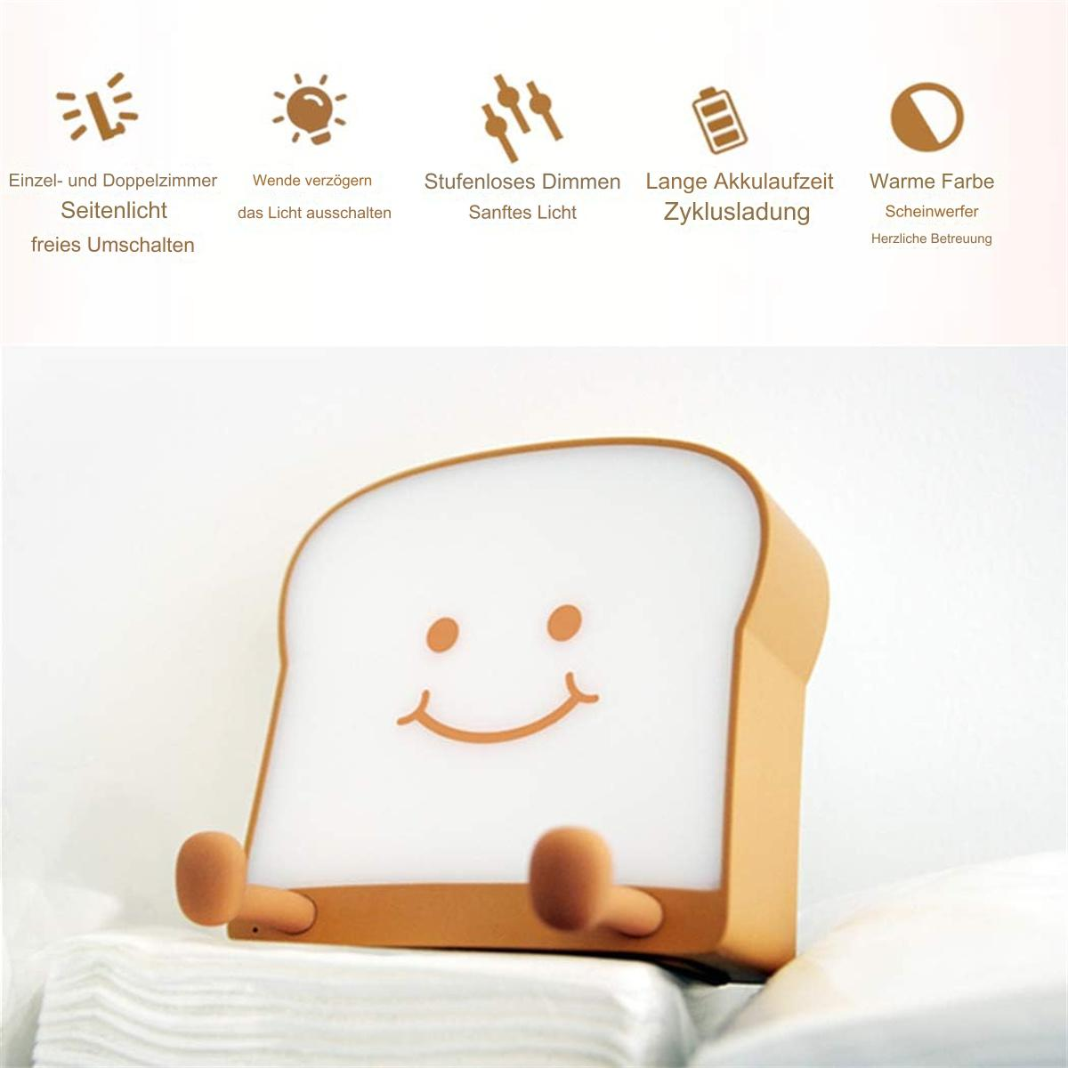 Ein lächelndes, cartoonartiges Brot-Nachtlicht mit Smiley-Gesicht.