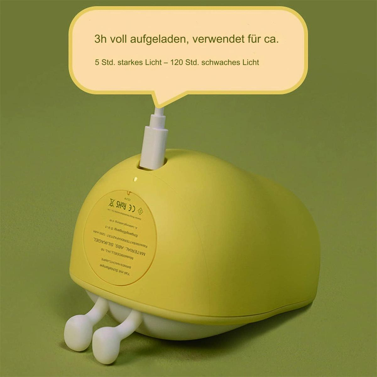 Gelbe eiförmige Lampe mit USB-Aufladung. Sie hat zwei weiße Füße.