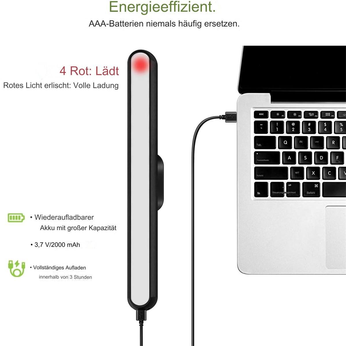 Schwarz-weißes Gerät, das mit einem Laptop geladen wird. Text: Wiederaufladbar. 3,7 V/2000 mAh.