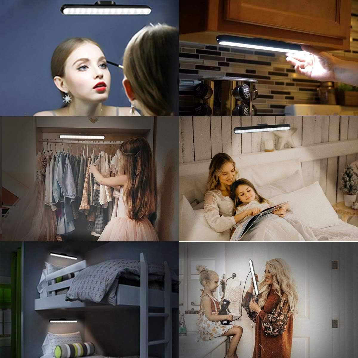 Mehrere Bilder eines kleinen LED-Lichts im Einsatz. Verschiedene Einstellungen umfassen Make-up, Kleiderschrank und Bett.