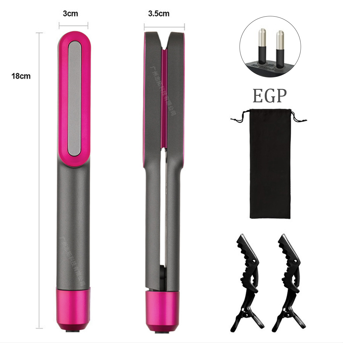 Haarglätter mit rosa Details, Clips und schwarzem Etui.