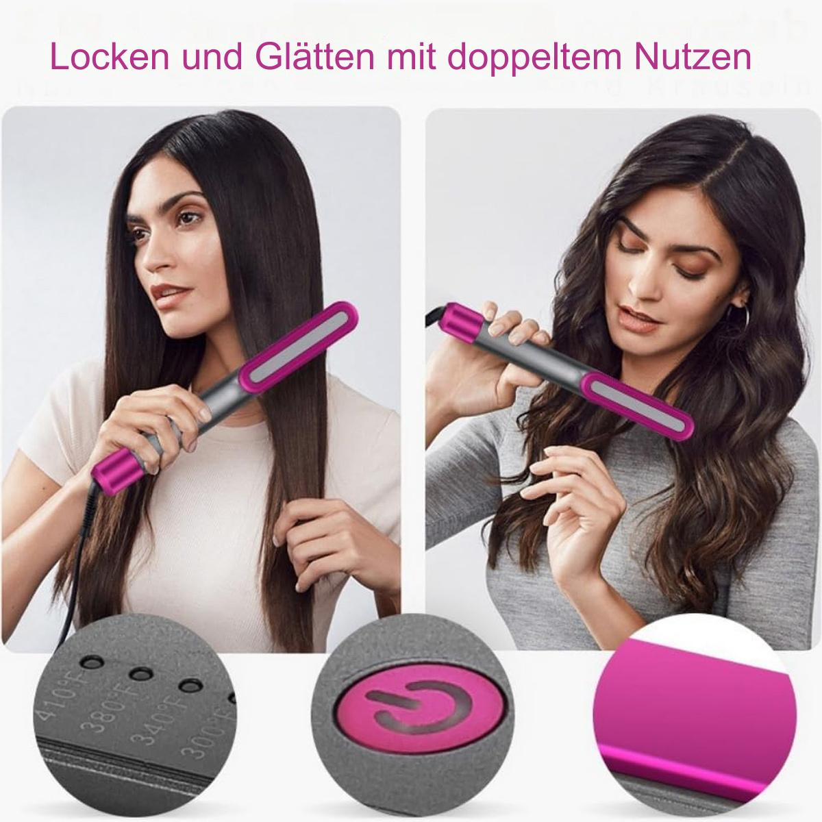 Eine Frau benutzt einen Haarglätter mit rundem Knopf und rosa Platte, mit Nahaufnahme der Einstellungen.
