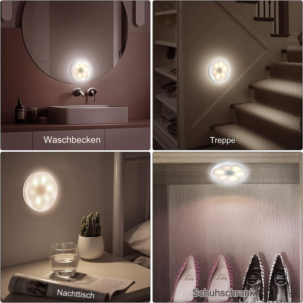 Vier Bilder von weißen Lichtern in verschiedenen Heimeinstellungen: Bad, Treppe, Nachttisch und Schuhe.