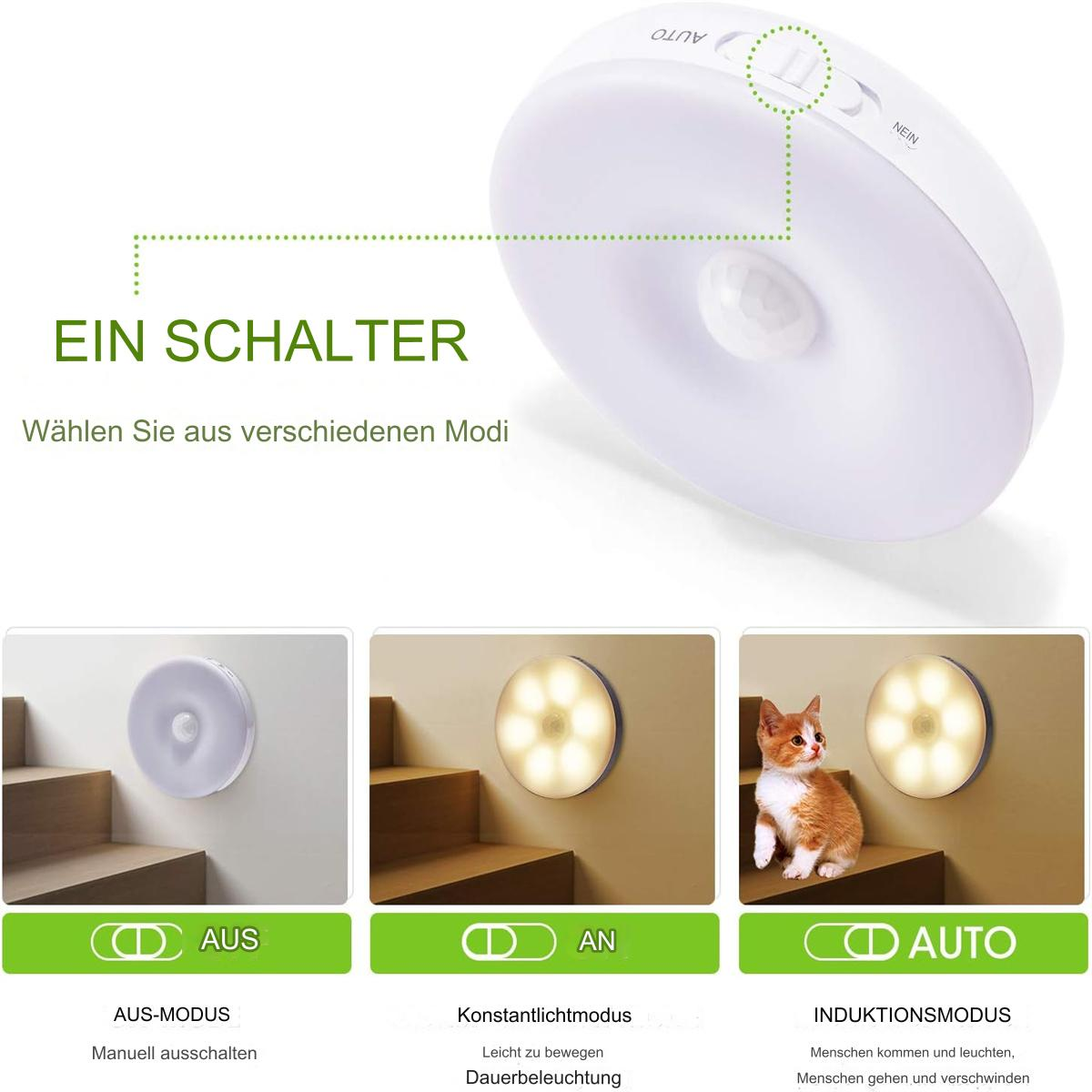 Weißes Licht mit Schalteroptionen: aus, konstant und automatisch. Beispiele zeigen die Verwendung.