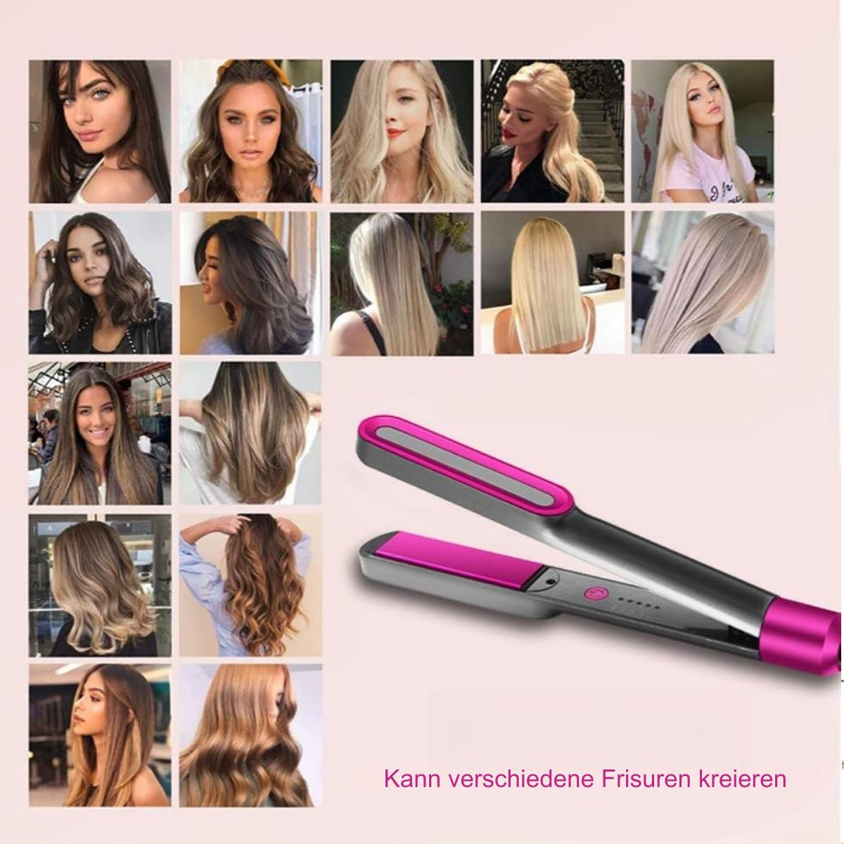 Haarstyling-Produktbilder. Eine Sammlung von Frisuren und ein Glätteisen.