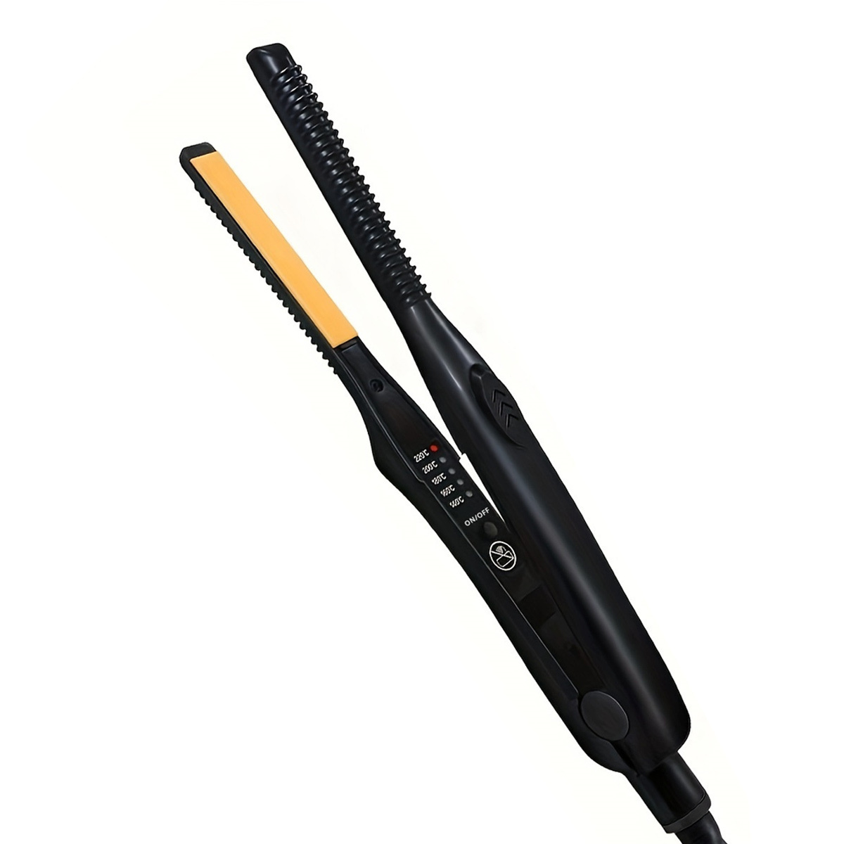 Schwarzer Haarglätter. Abgewinkelt, mit gelben Heizplatten und Temperatureinstellungen.