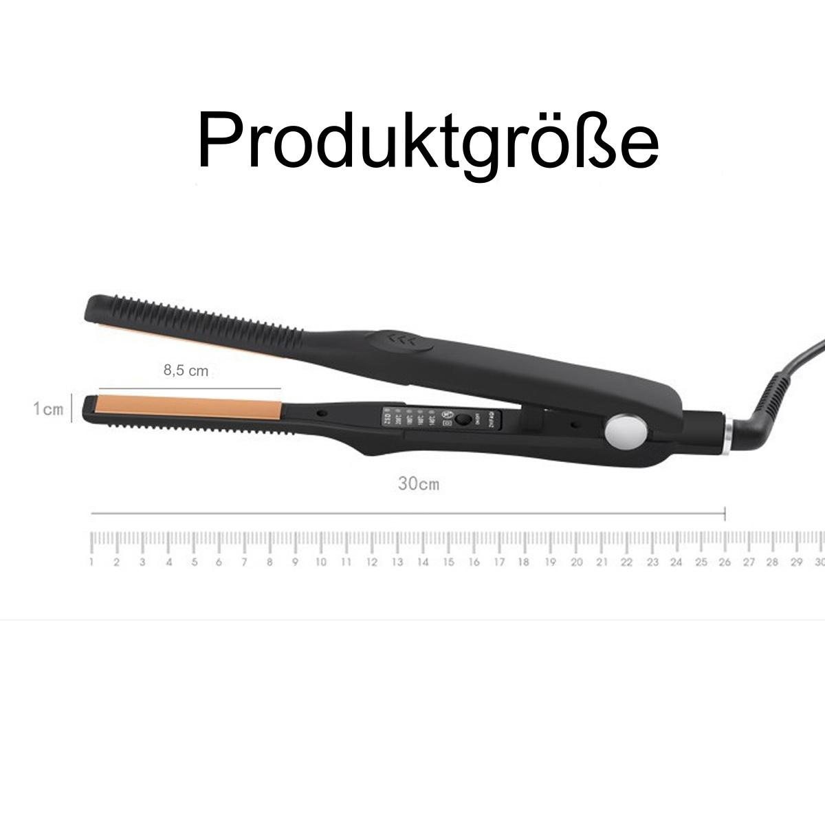 Ein schwarzer Haarglätter mit Maßangaben in cm. Das Etikett lautet 'Produktgröße'.