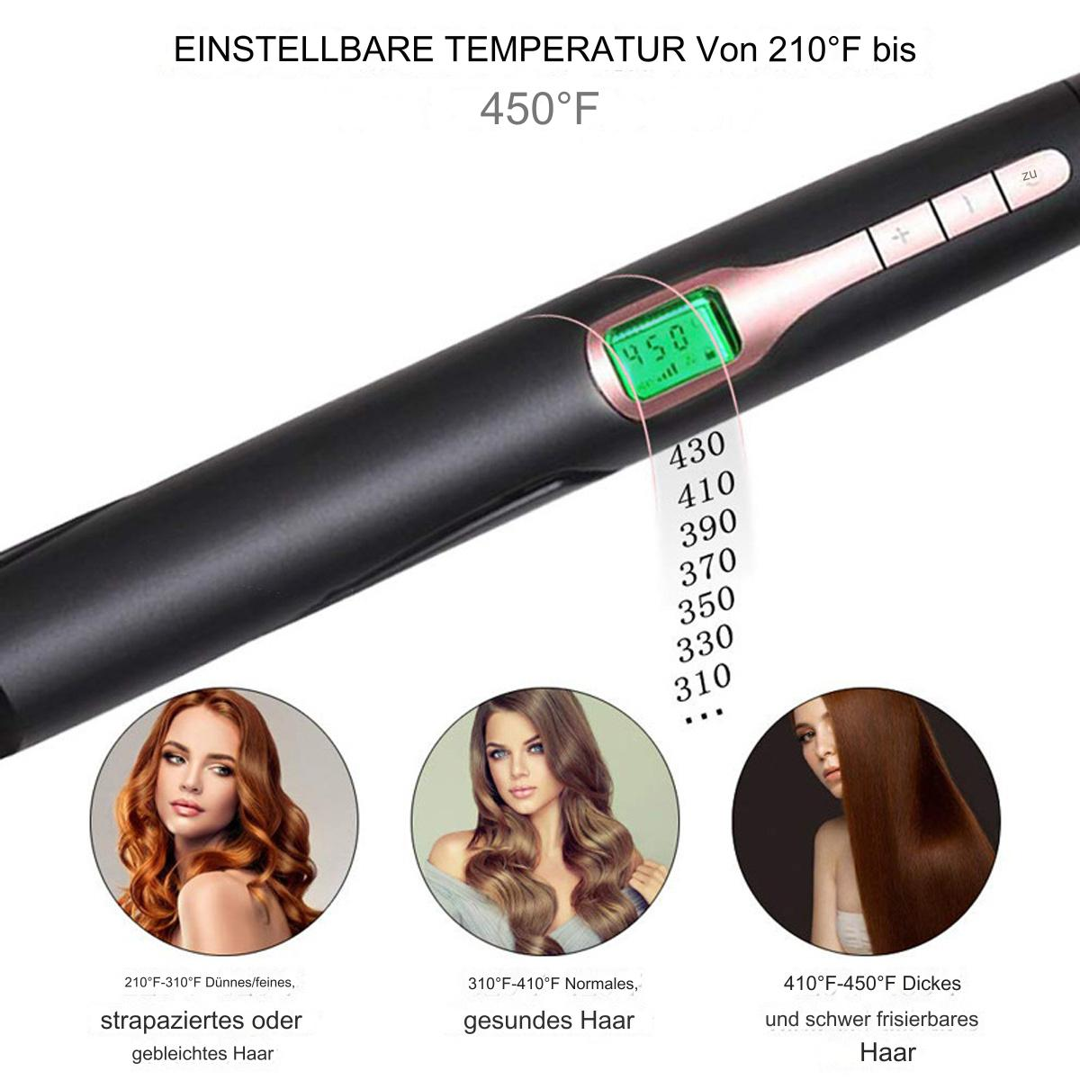 Ein schwarzes Glätteisen mit digitaler Temperaturanzeige und Bildern von Frisuren.