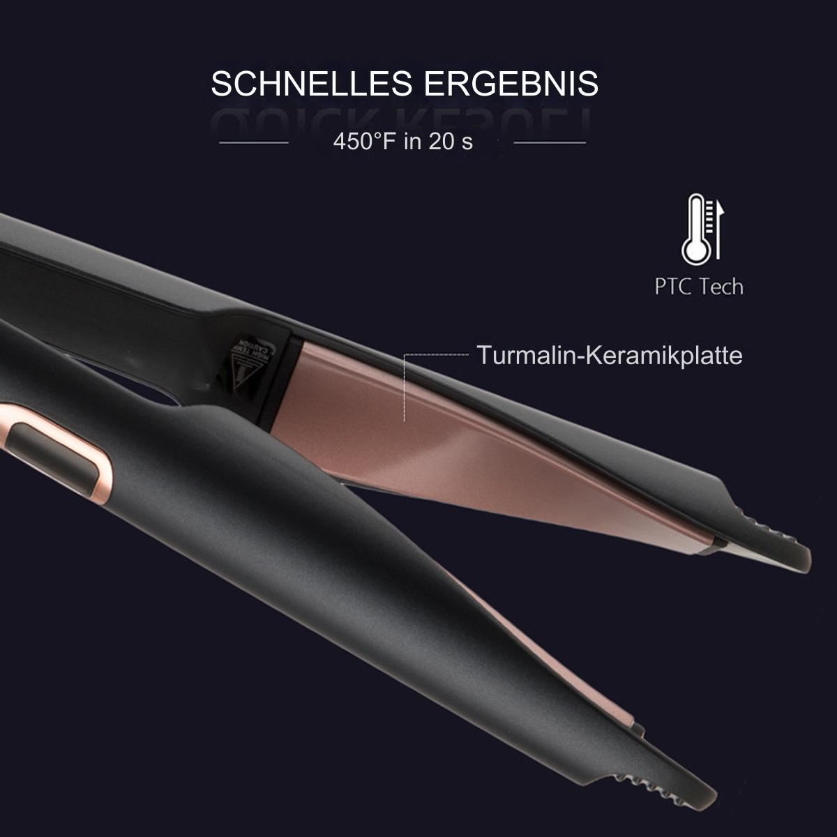 Haarglätter. Er ist schwarz mit einer roségoldenen Platte, mit Text oben und unten.