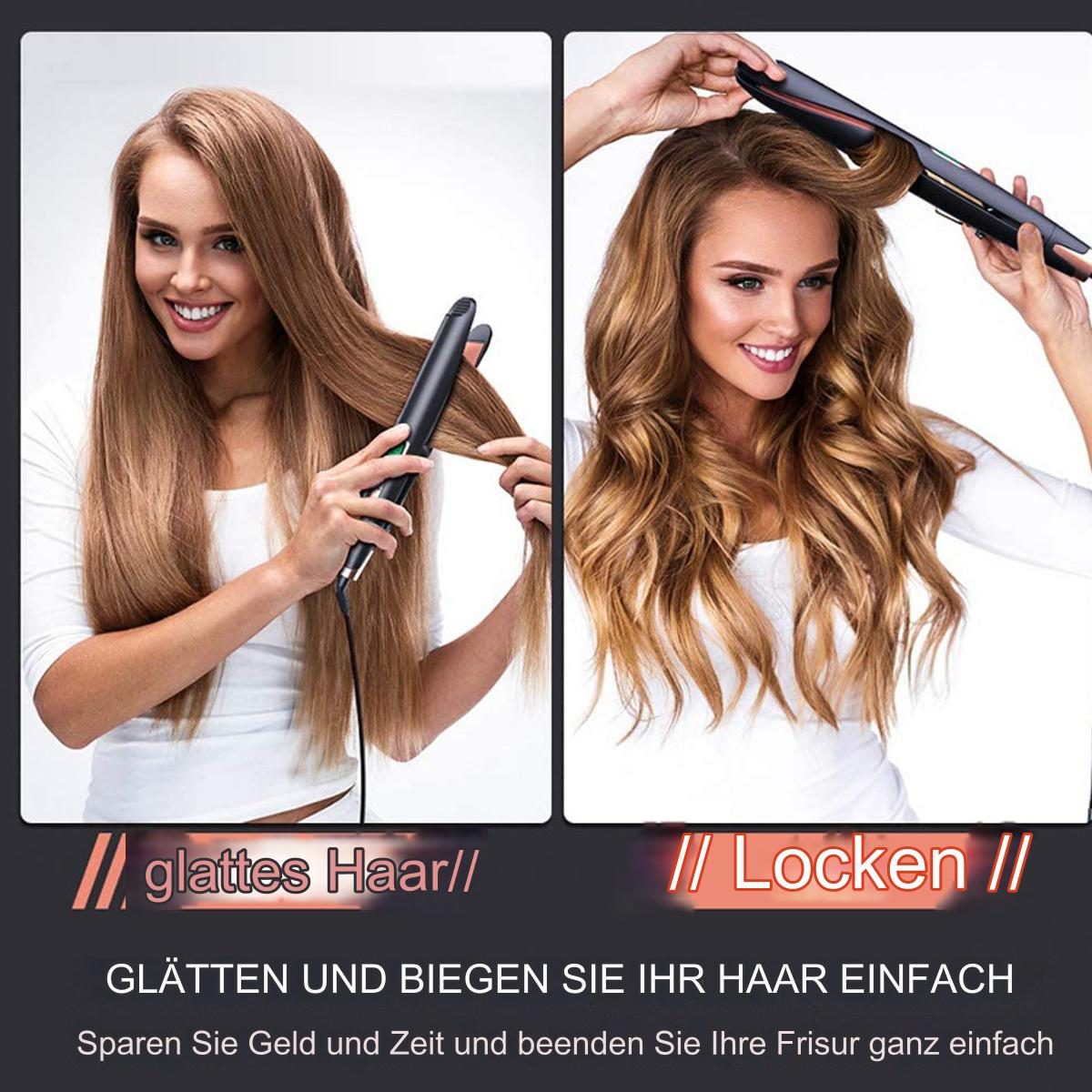 Zwei Bilder, die eine Frau zeigen, die ihre Haare mit einem Glätteisen glättet und lockt.