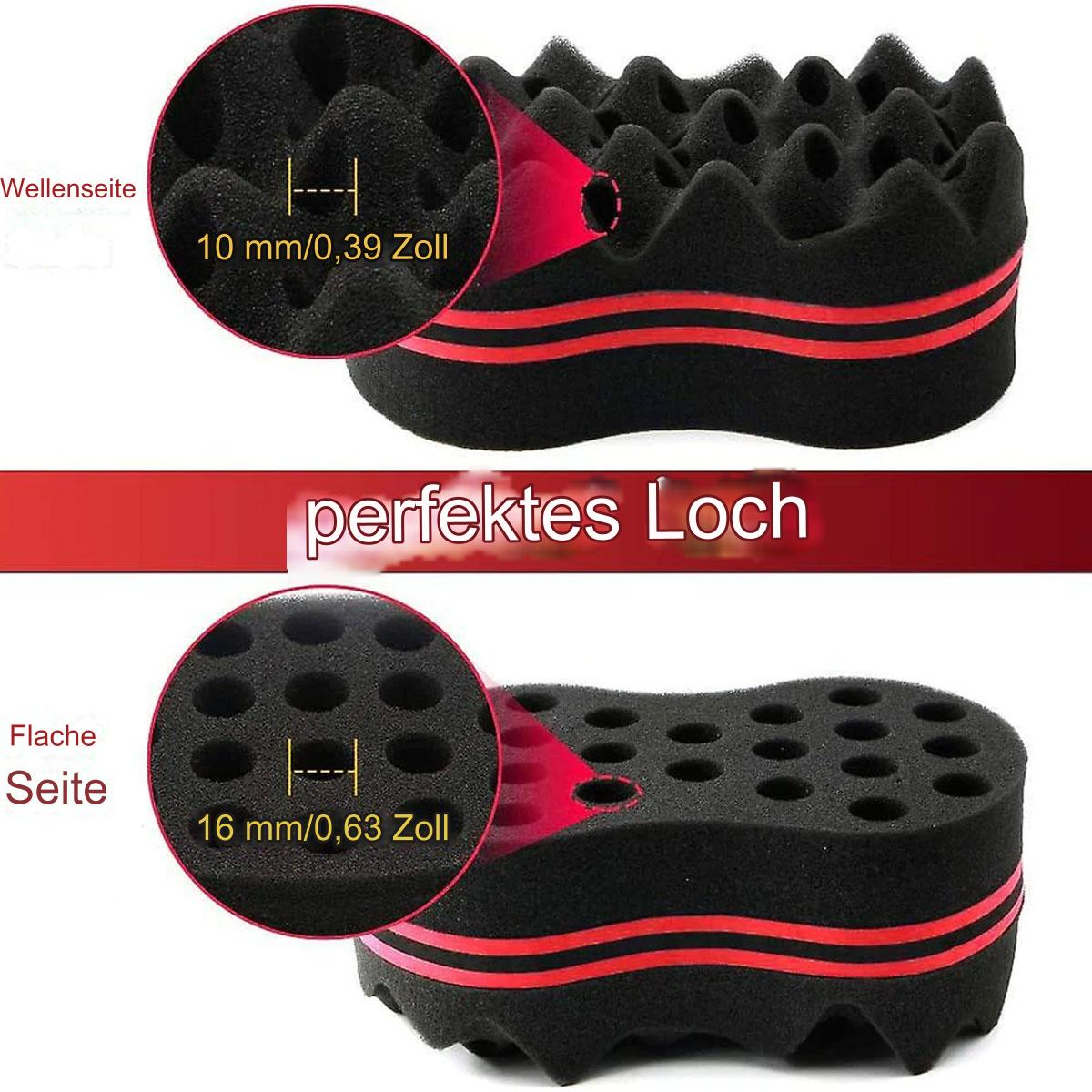 Schwarzer Schwamm mit roten Streifen, der zum Haarstyling verwendet wird. Text zeigt Abmessungen der Löcher: 10 mm und 16 mm.