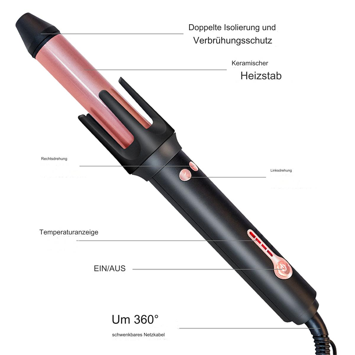 Haar-Lockenstab mit roségoldfarbenem Lauf und schwarzem Griff, mit Funktionen beschriftet.