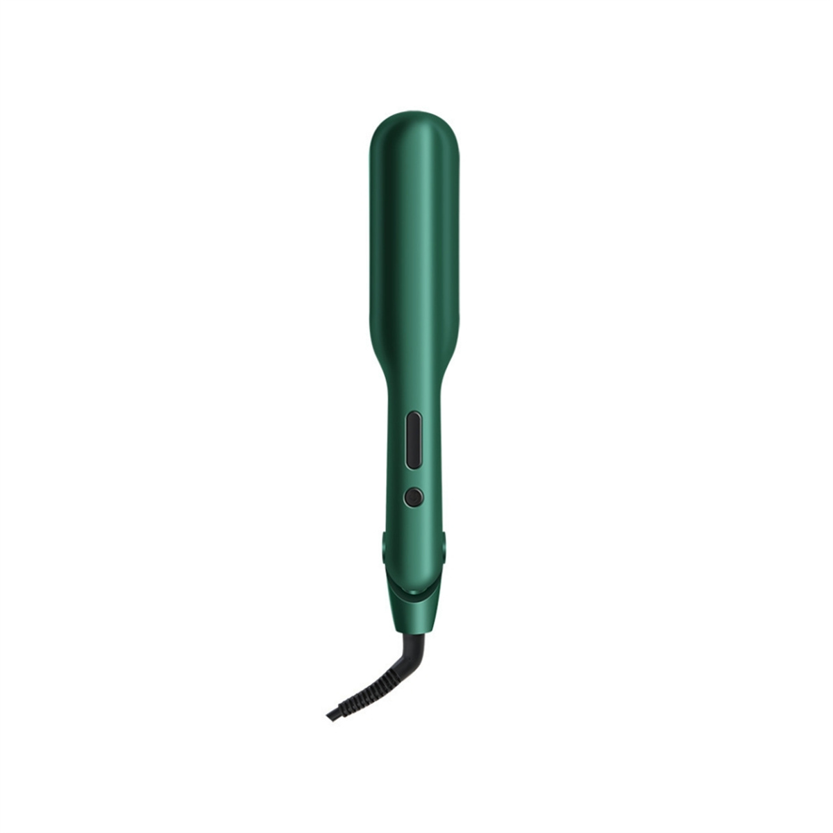Grüner Haarglätter mit schwarzem Kabel, isoliert auf weißem Hintergrund.