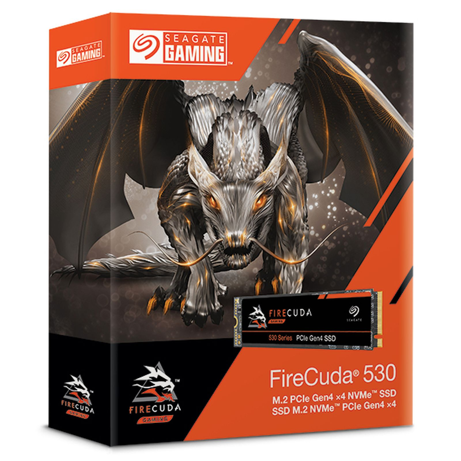 Pudełko produktu dla dysku SSD Seagate FireCuda 530. Pudełko ma grafikę smoka i informacje o produkcie.