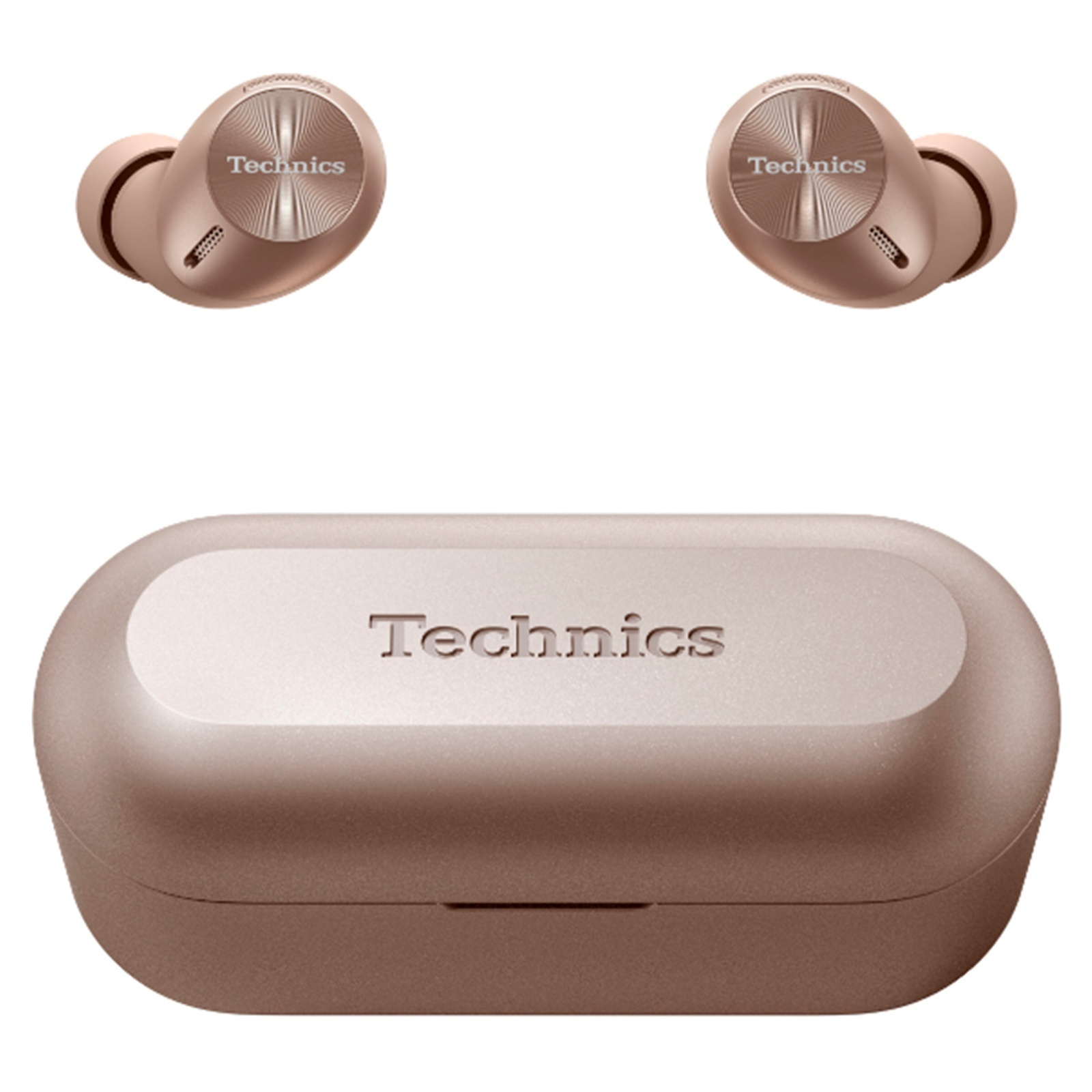 Roségoldene Technics-Ohrhörer und Ladecase. Die Ohrhörer befinden sich über dem Case. 'Technics' ist auf beiden.