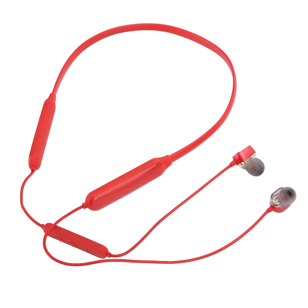 Rote kabellose Nackenbügel-Kopfhörer mit rotem Kabel und Ohrhörer.