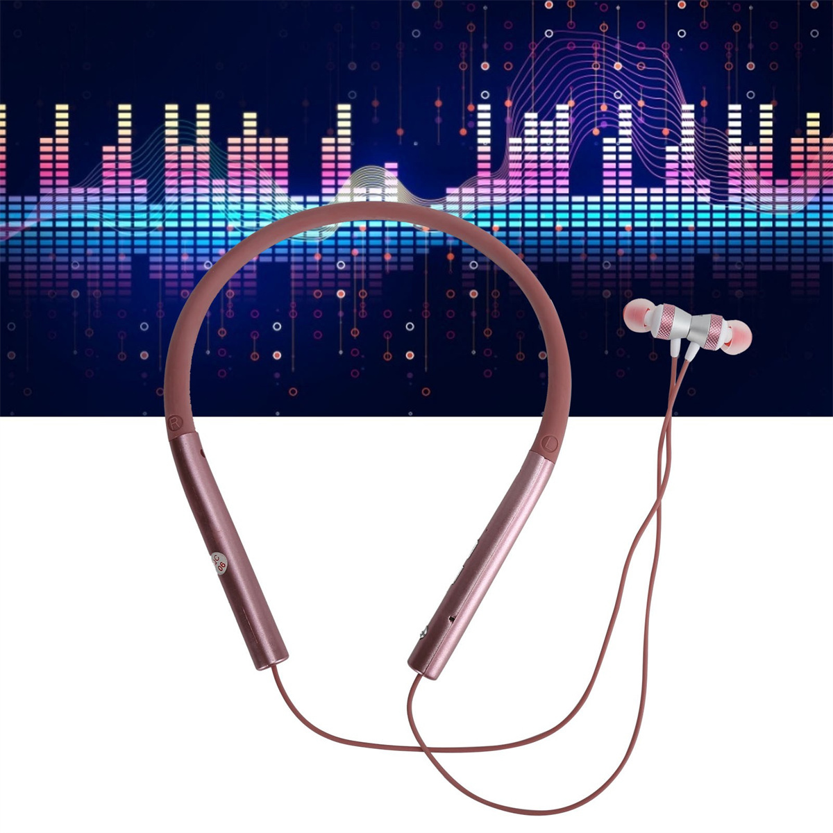 Roségoldene Nackenbügel-Kopfhörer mit In-Ear-Ohrhörern. Soundwave-Grafik im Hintergrund.