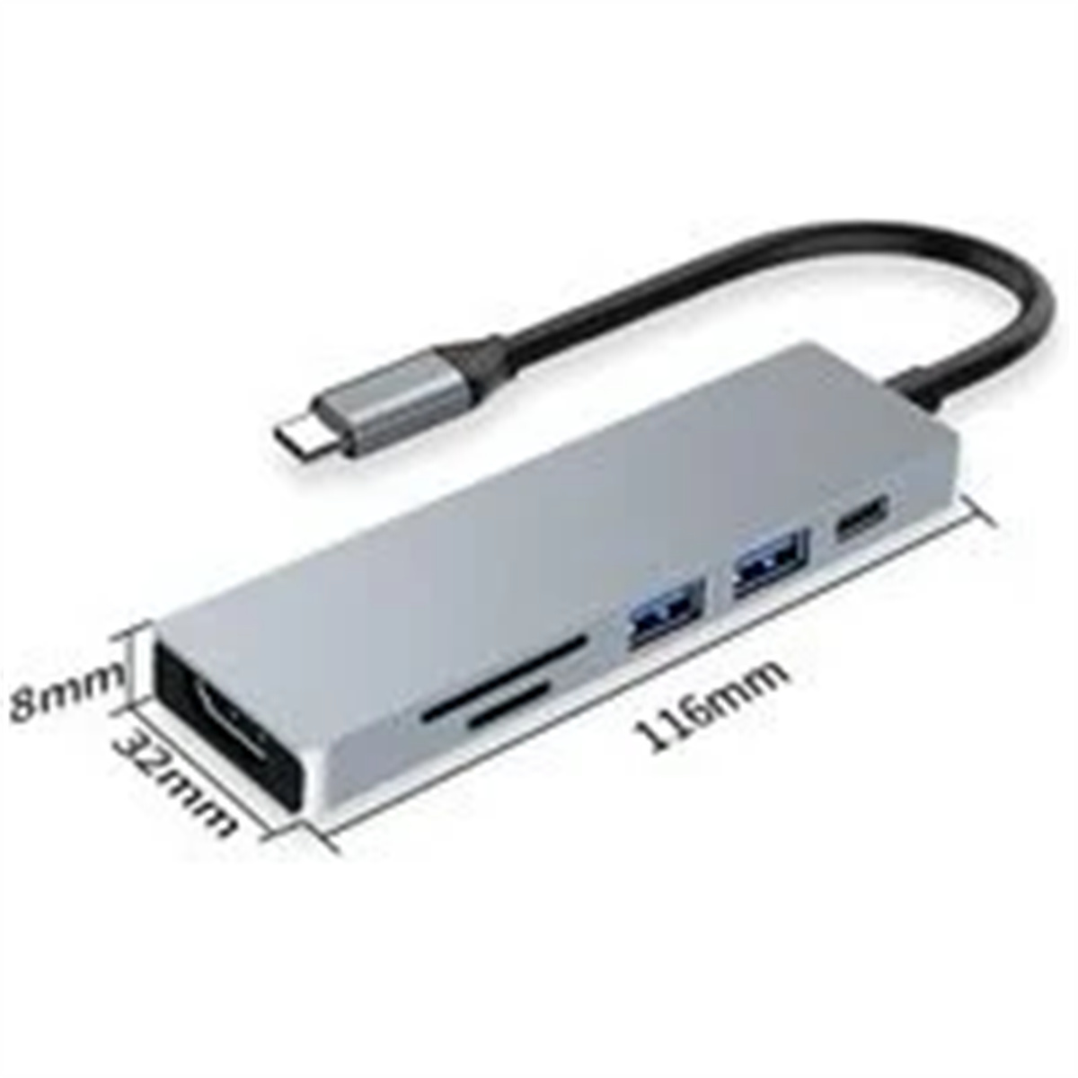 Ein silberner USB-Hub mit verschiedenen Anschlüssen, darunter HDMI, USB und ein SD-Kartensteckplatz.