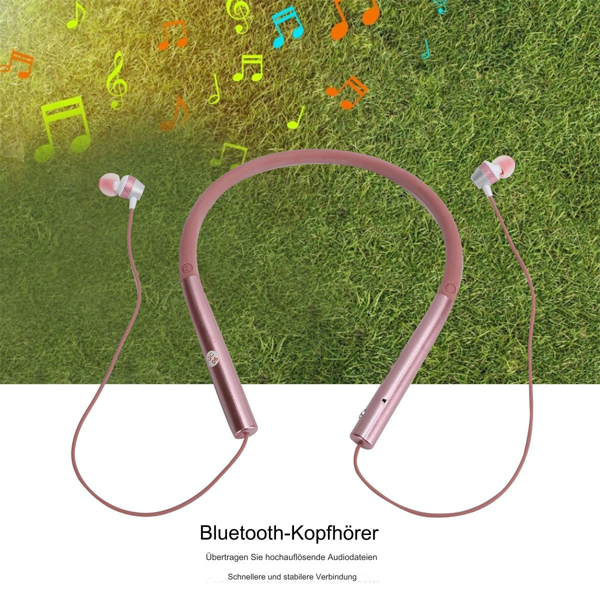 Pinke Nackenband-Bluetooth-Kopfhörer mit Noten im Hintergrund. Der Hintergrund ist grün.