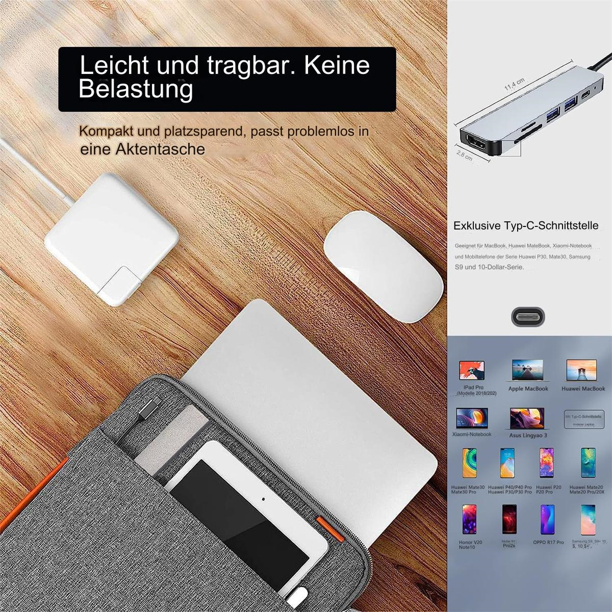 Laptop, Maus und USB-C-Hub in einem Case. Zubehör auf weißer Oberfläche. Grauer Hintergrund.
