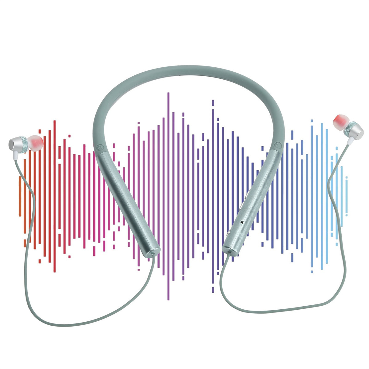 Graue Nackenband-Bluetooth-Kopfhörer mit Schallwellen-Grafik auf weißem Hintergrund.
