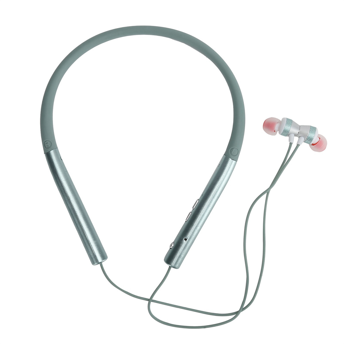 Ein Nackenbügel-Headset in Grau mit Ohrhörern. Die Ohrhörer sind grau und weiß.