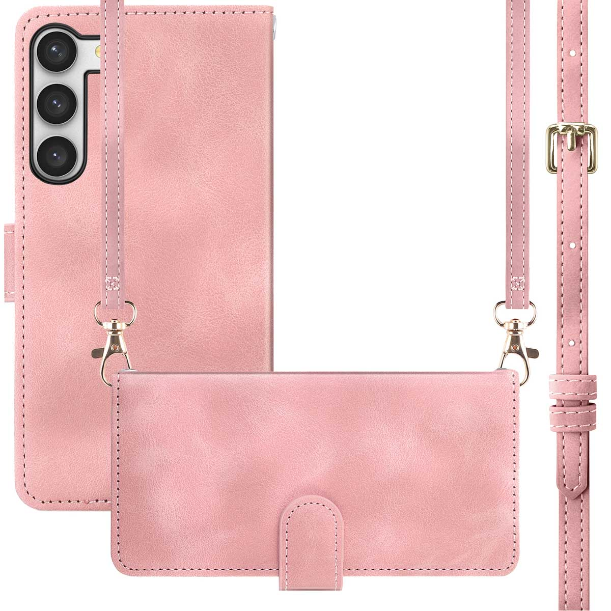 Roze telefoonhoesjesset. Bevat een telefoonhoesje, een portemonnee en een riem. Alle onderdelen zijn roze.