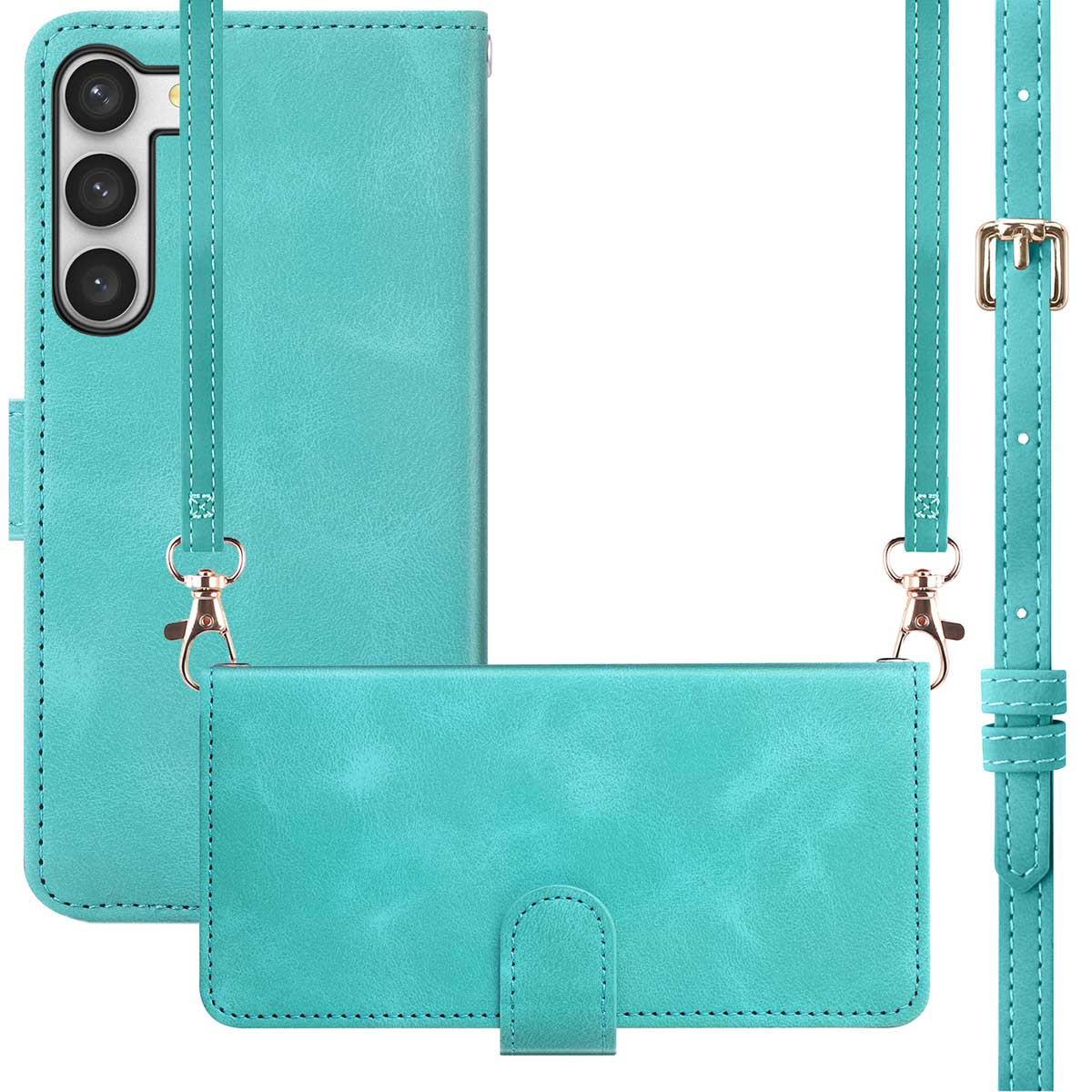 Een teal telefoonhoesje met een riem. De hoes heeft een kaarthouder en een gouden gesp.