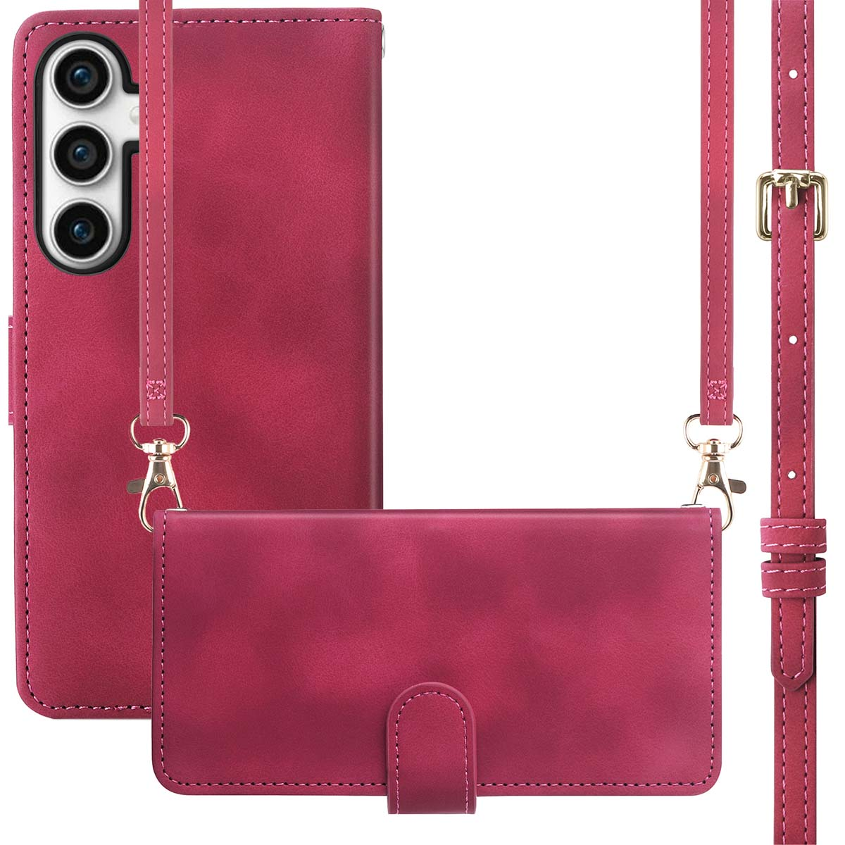 Un étui de téléphone en cuir rose avec une sangle et un portefeuille assorti. Le portefeuille a un fermoir et un support de téléphone.