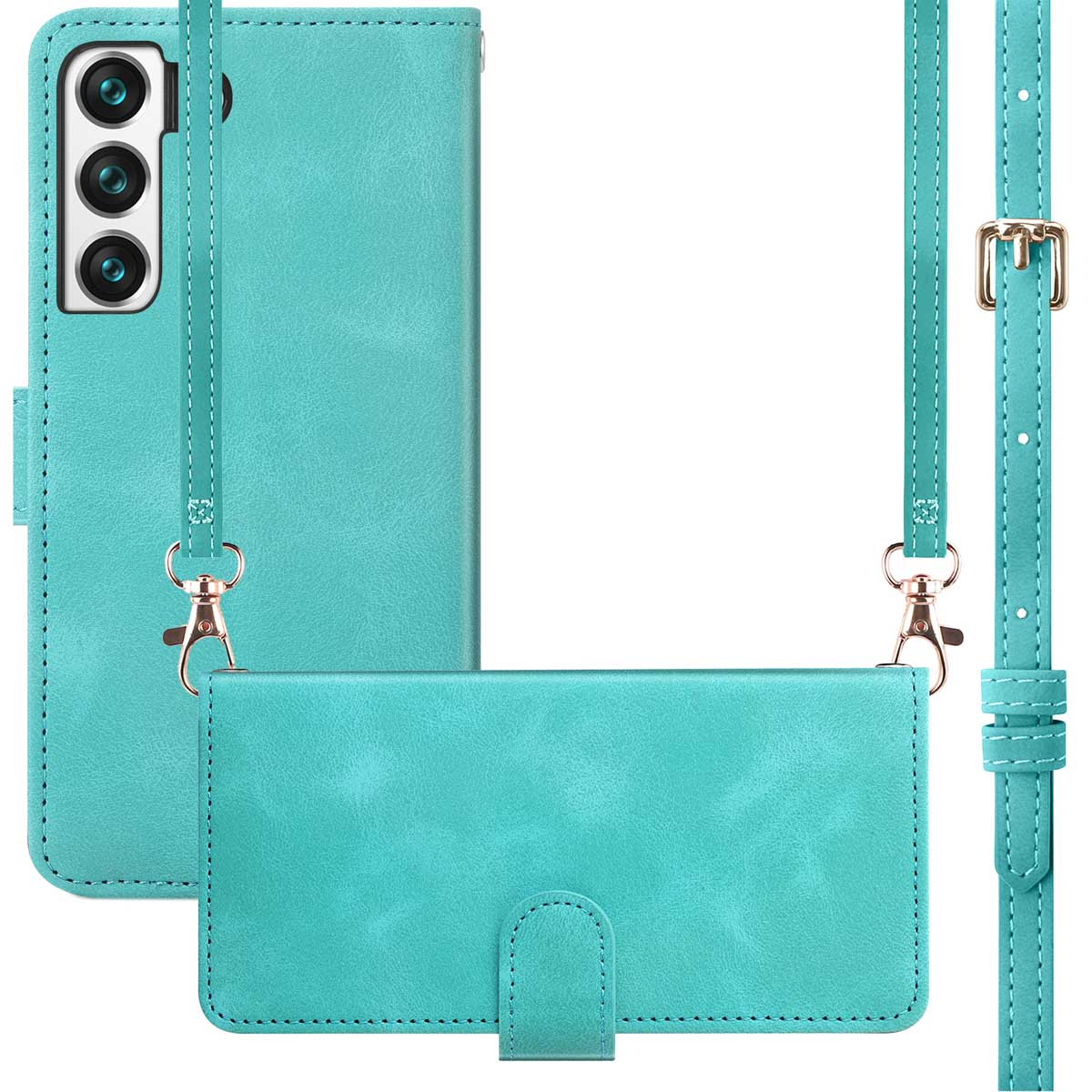 Coque de téléphone turquoise avec sangle et trois lentilles de caméra. Inclut un portefeuille et une sangle séparés.