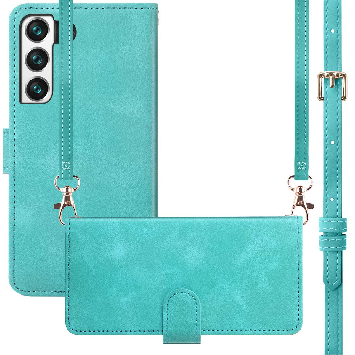 Coque de téléphone turquoise avec une sangle et un étui portefeuille assorti avec fermoirs dorés.