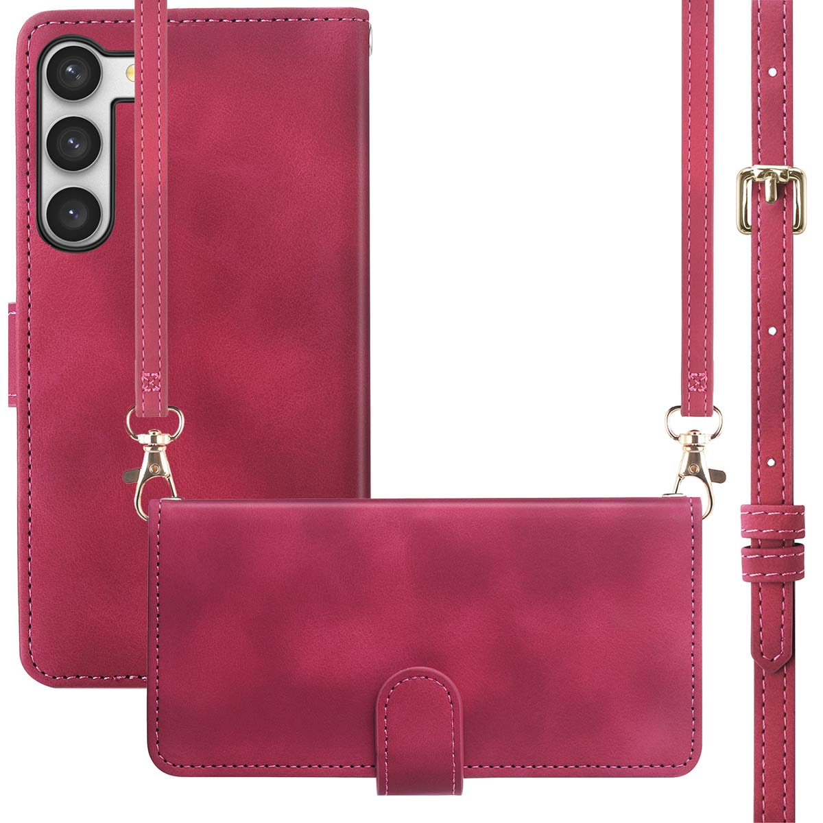 Een bordeauxrode telefoonhoesjes set, met een portemonnee stijl en een riem.