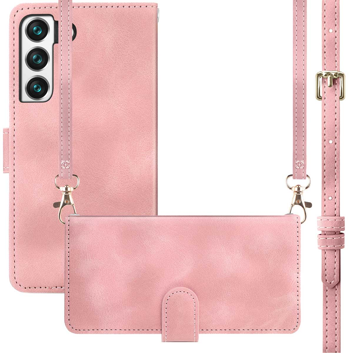 Une coque de téléphone rose avec un téléphone à l'intérieur, une sangle et un design portefeuille.