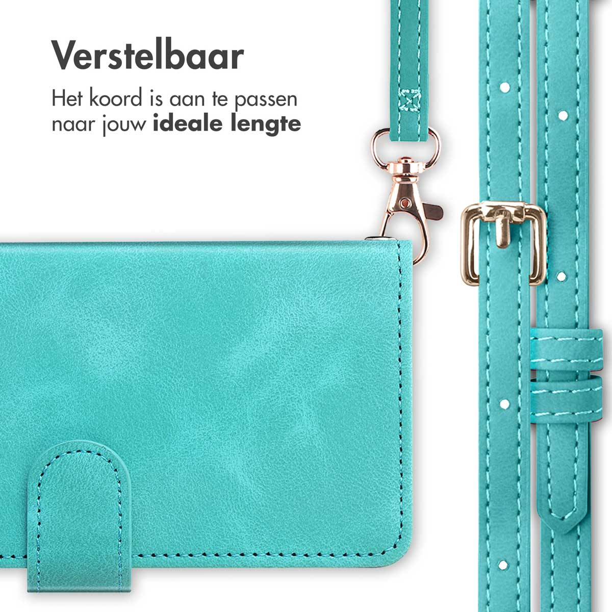 Coque de téléphone turquoise avec sangle assortie. Boucle dorée. Fond blanc.