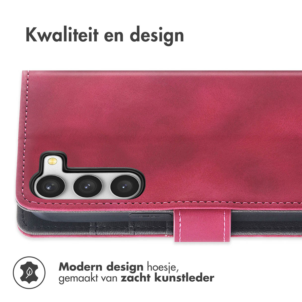 Een rode telefoonhoes met een telefoon erin. De hoes is open en toont de camera van de telefoon.