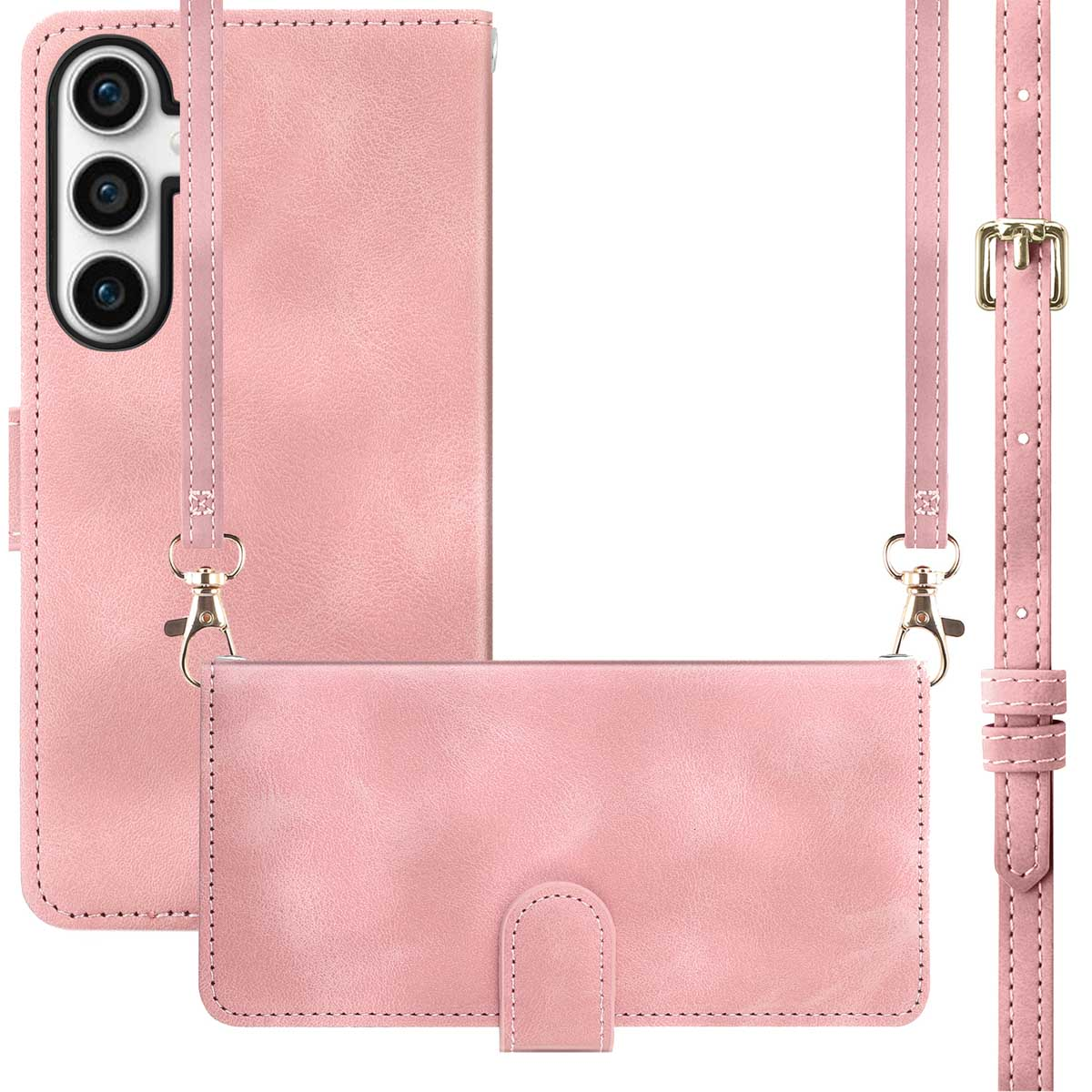 Roze telefoonhoes met aangehechte portemonnee. Inclusief riem met gouden gesp. Telefoonhoes heeft 3 camera's.