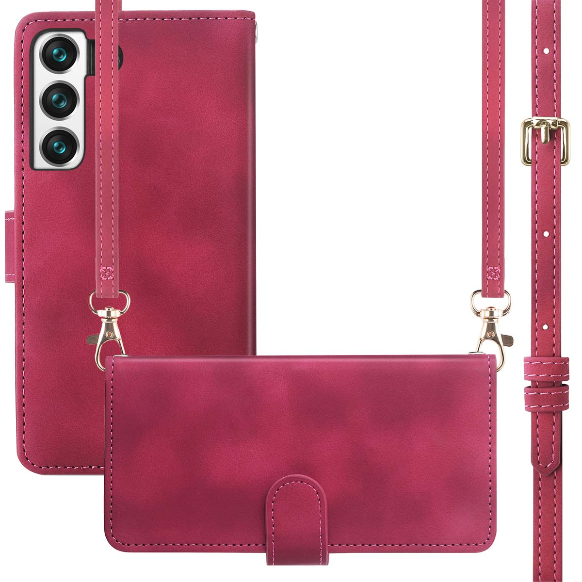 Coque de téléphone magenta avec bandoulière. L'étui a un design portefeuille.