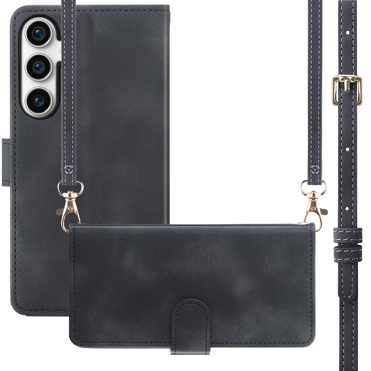 Zwarte telefoonhoes met riem. Bevat een telefoonhoesje met een afneembare riem en een aparte riem.