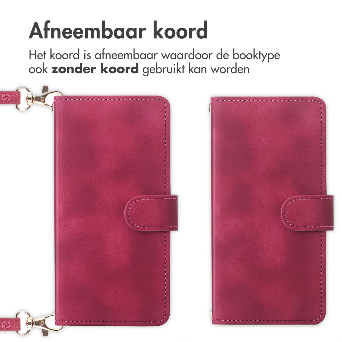 Un étui rouge de type portefeuille, ouvert et fermé. Avec fermoir magnétique et cordon détachable.