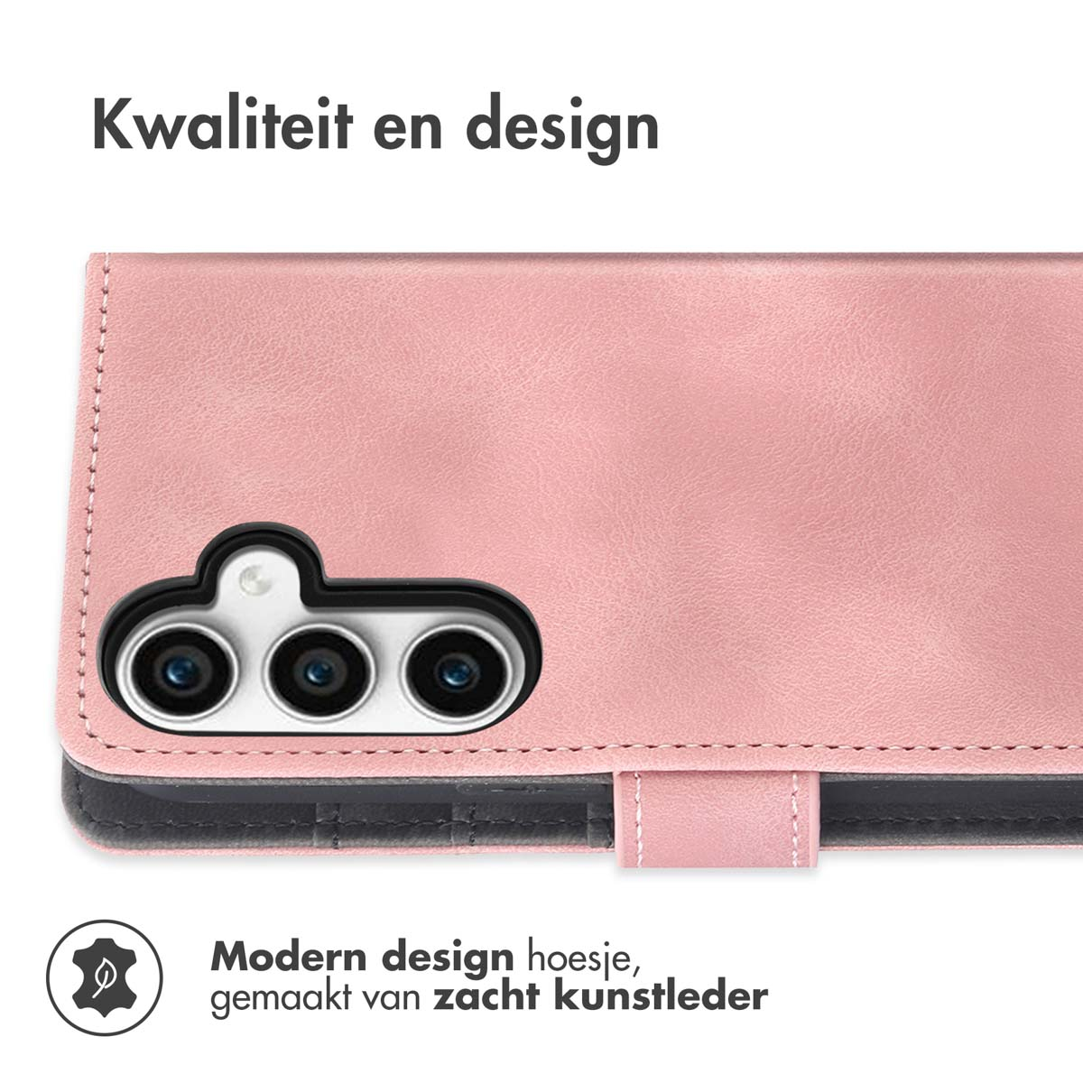 Een roze telefoonhoesje met een portemonnee-ontwerp. De hoes ligt op een wit oppervlak en heeft een modern ontwerp.