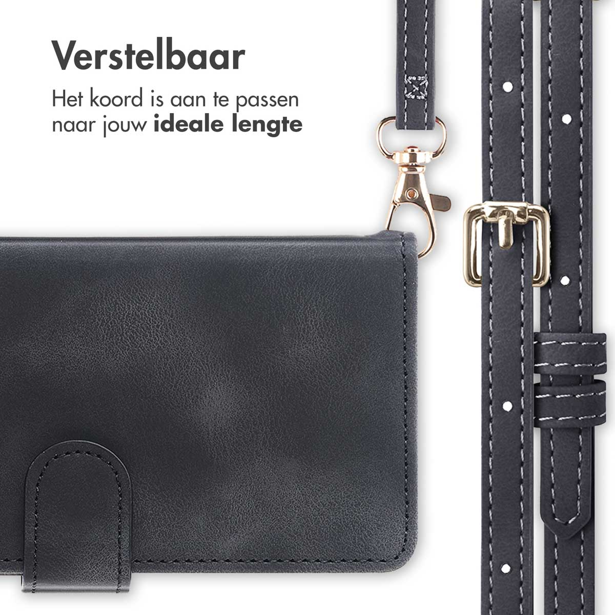 Zwarte telefoonhoes met riem, gouden sluiting en tekst in het Nederlands.