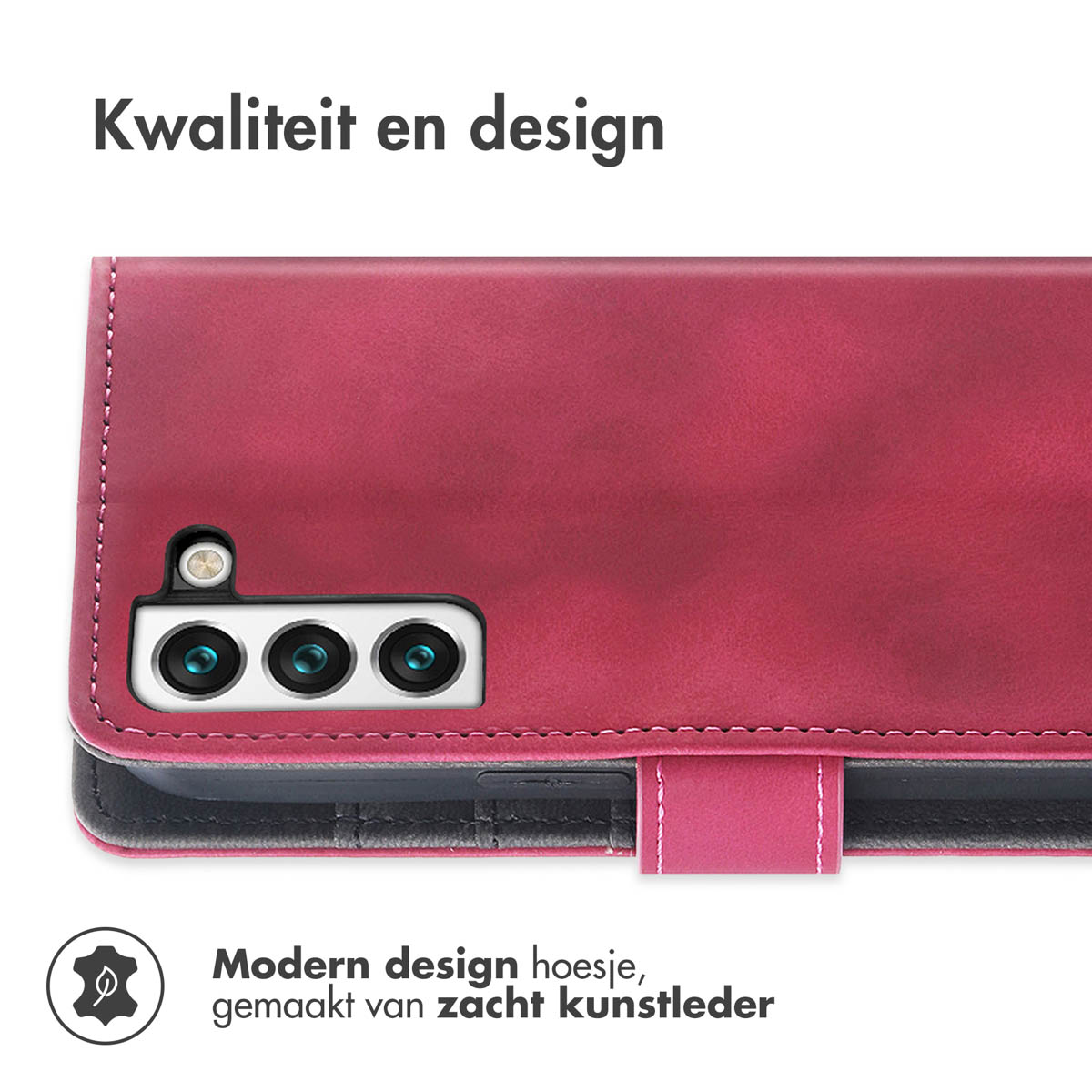 Gros plan sur un étui de téléphone rouge-rose avec triple caméra, représentant un design moderne et du cuir souple.