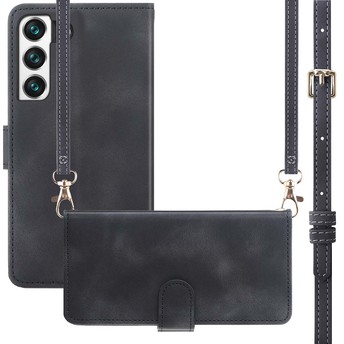 Een zwarte telefoonhoes met een riem. De telefoonhoes heeft een achterkant met camera.