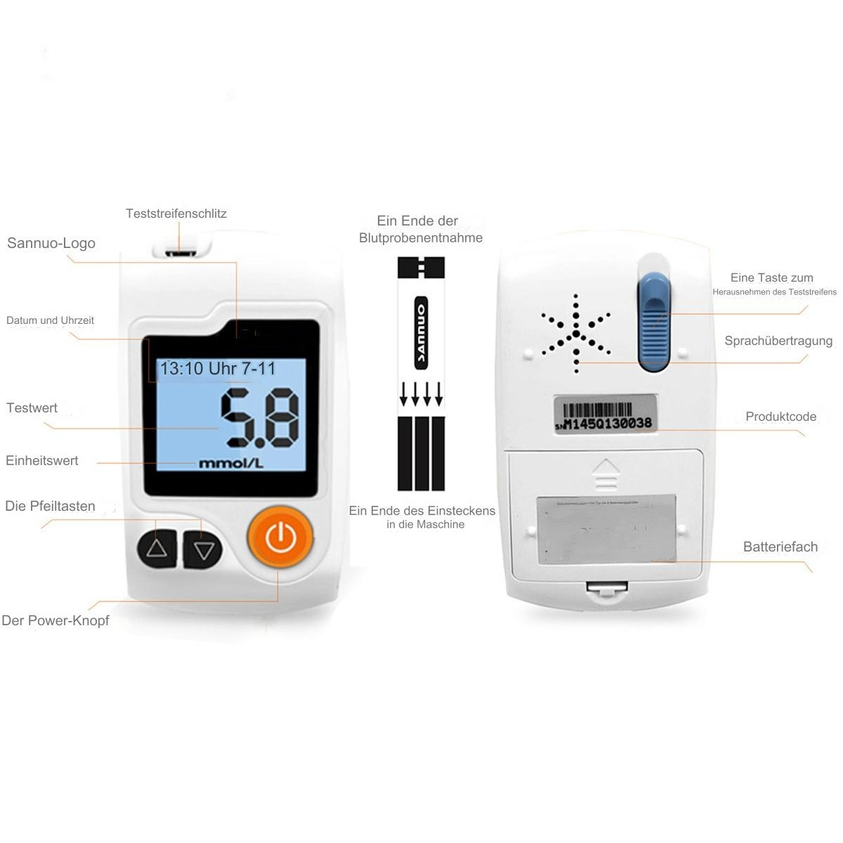 Blutzuckermessgerät mit Beschriftungen. Das Messgerät zeigt 5,8 mmol/L an. Es ist weiß mit schwarzem Text und Details.