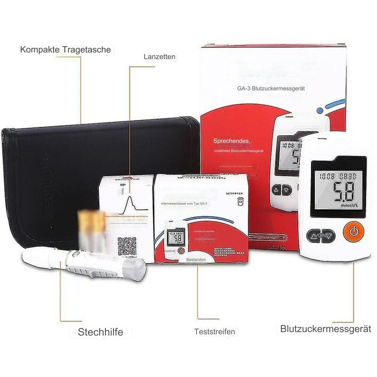 Ein Blutzuckermessgerät-Kit mit Messgerät, Lanzetten, Teststreifen und einer Tragetasche.