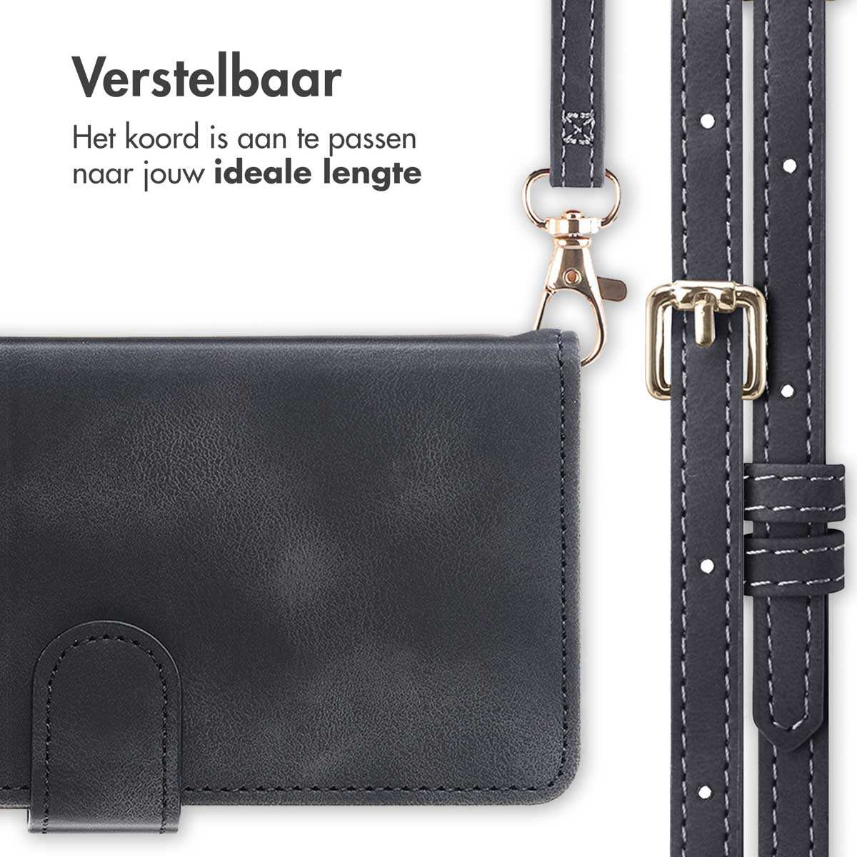 Zwarte telefoonhoes met een riem en een gouden sluiting, op een wit oppervlak.