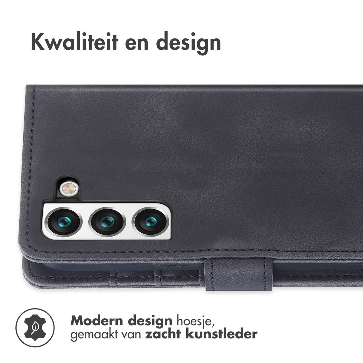 Een zwarte telefoonhoes met drie cameralenzen. Tekst zegt 'Kwaliteit en design'.